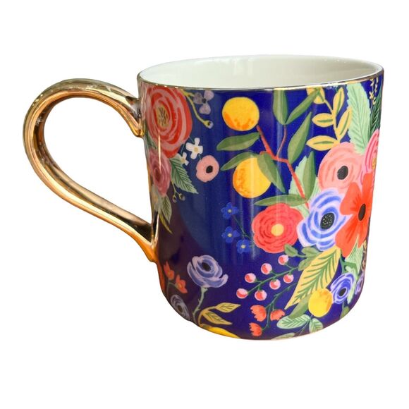Anthropologie Floral Coffee Mug Cup Gold Initial 'D' Monogram Flower Colorful - Picture 3 of 10